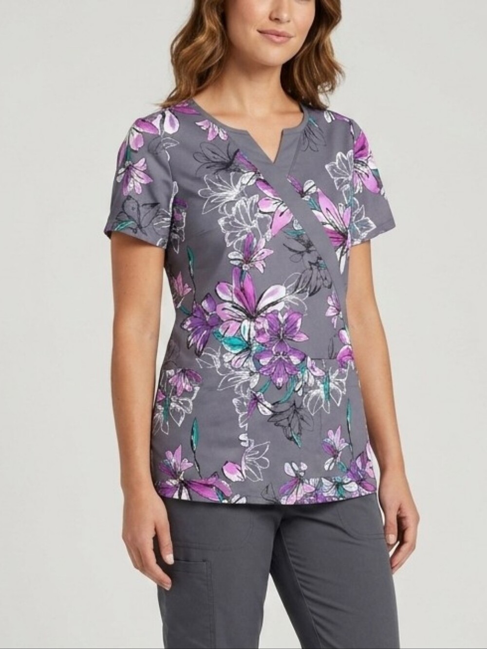 Beyond Scrubs Floral Mock Wrap Scrub Top Gray Purple S